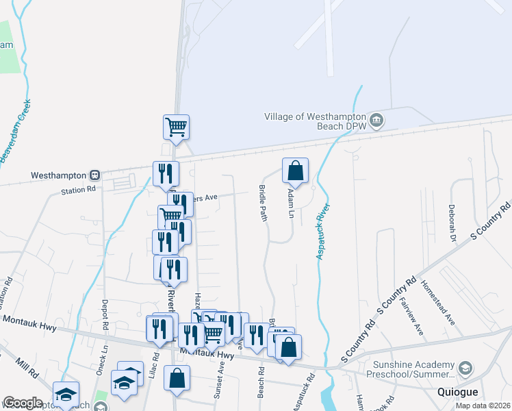 map of restaurants, bars, coffee shops, grocery stores, and more near 45 Bridle Path in Westhampton Beach