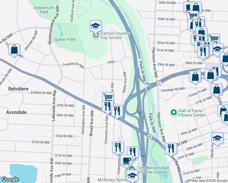 map of restaurants, bars, coffee shops, grocery stores, and more near 2708 Clearview Avenue Northwest in Canton