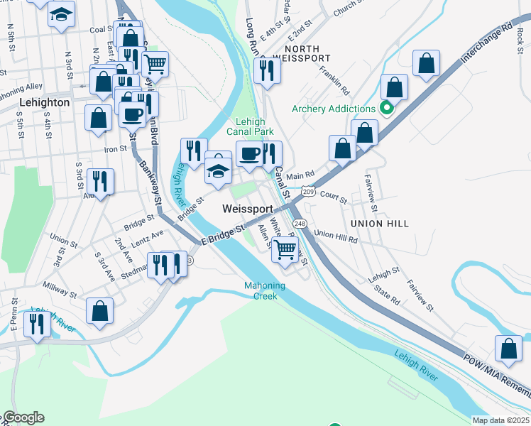 map of restaurants, bars, coffee shops, grocery stores, and more near 232 White Street in Weissport