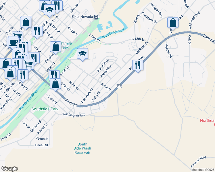 map of restaurants, bars, coffee shops, grocery stores, and more near 920 Clarkson Drive in Elko