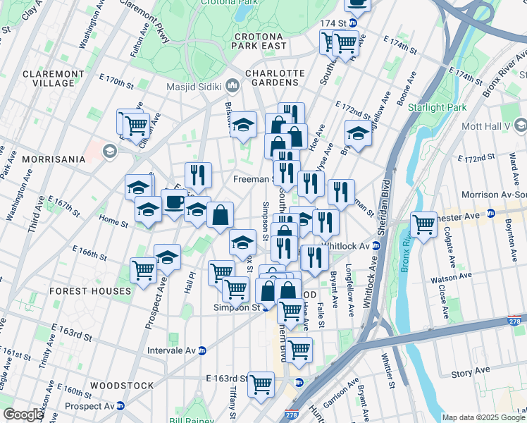 map of restaurants, bars, coffee shops, grocery stores, and more near 927 Home Street in Bronx