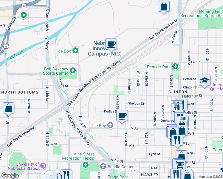 map of restaurants, bars, coffee shops, grocery stores, and more near 2048 Holdrege Street in Lincoln