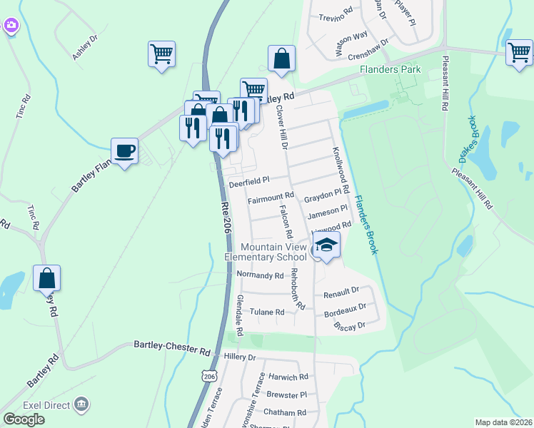 map of restaurants, bars, coffee shops, grocery stores, and more near 7 Hampton Road in Mount Olive