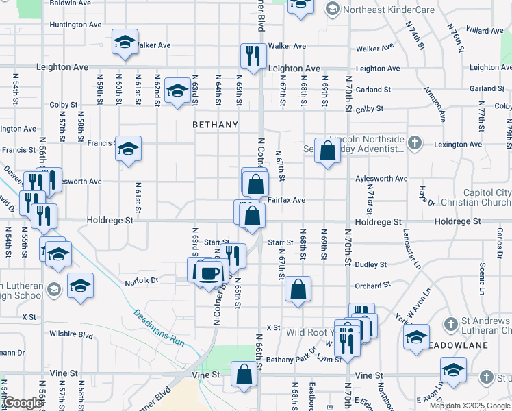 map of restaurants, bars, coffee shops, grocery stores, and more near 1547 North Cotner Boulevard in Lincoln