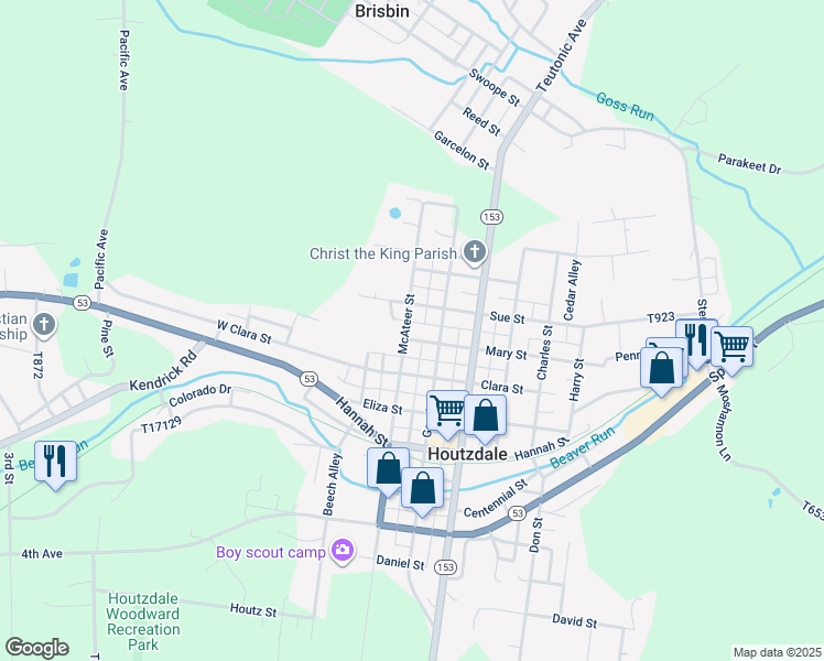 map of restaurants, bars, coffee shops, grocery stores, and more near 400 McAteer Street in Houtzdale
