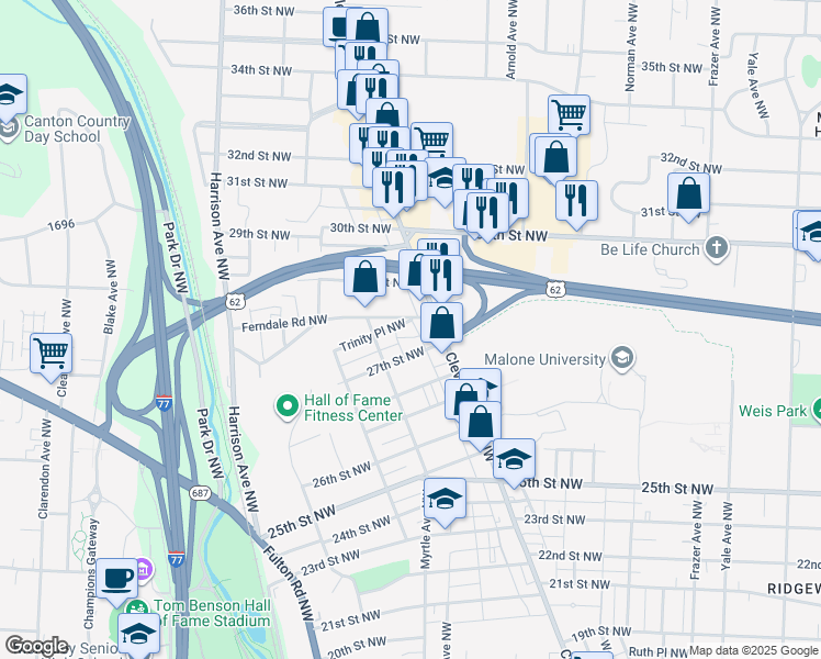map of restaurants, bars, coffee shops, grocery stores, and more near 2708 Shorb Avenue Northwest in Canton