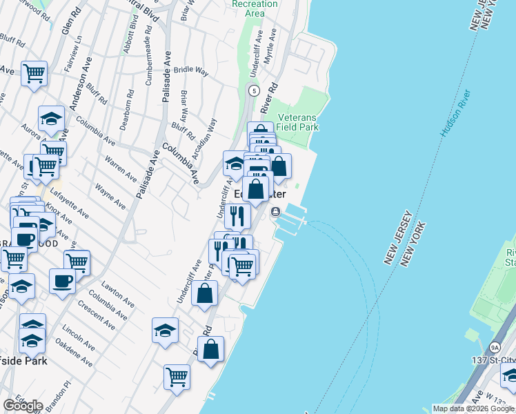 map of restaurants, bars, coffee shops, grocery stores, and more near 986 River Road in Edgewater
