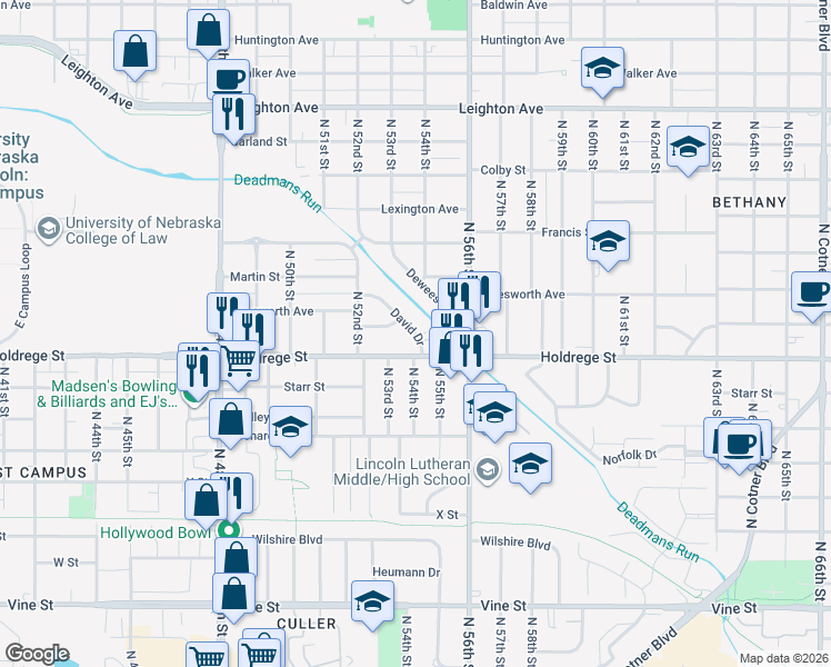 map of restaurants, bars, coffee shops, grocery stores, and more near 1515 David Drive in Lincoln