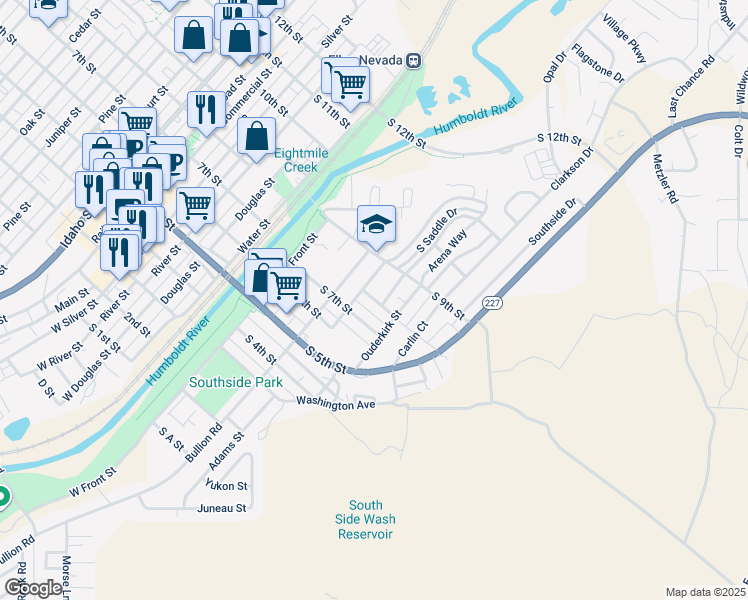 map of restaurants, bars, coffee shops, grocery stores, and more near 570 South 8th Street in Elko