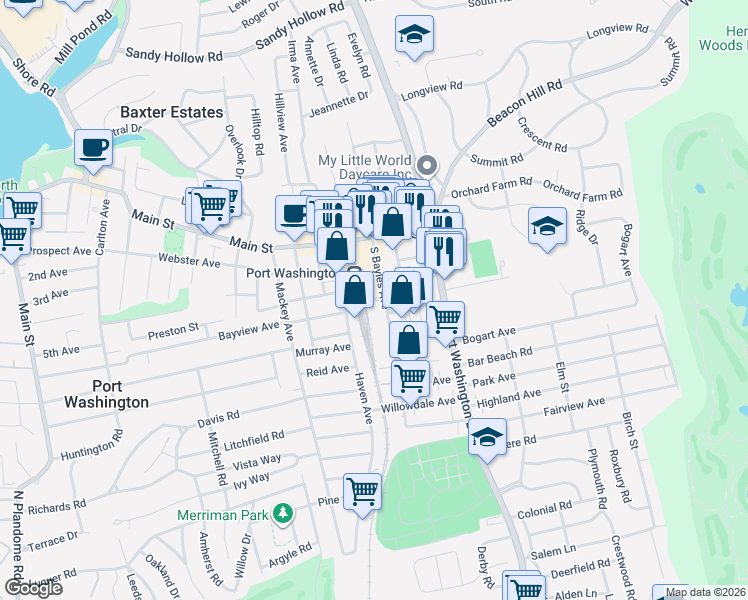 map of restaurants, bars, coffee shops, grocery stores, and more near 31 South Bayles Avenue in Port Washington