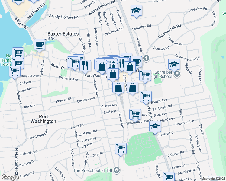 map of restaurants, bars, coffee shops, grocery stores, and more near 135 Bayview Avenue in Port Washington