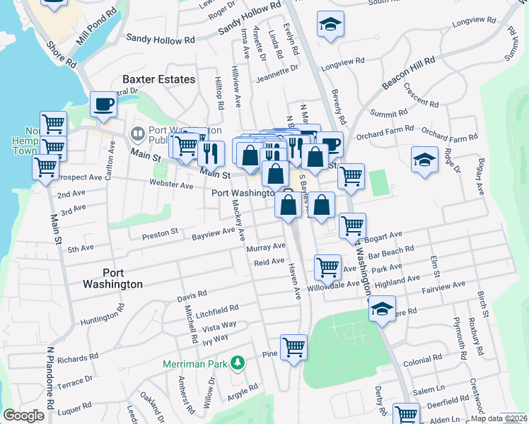 map of restaurants, bars, coffee shops, grocery stores, and more near 135 Bayview Avenue in Port Washington