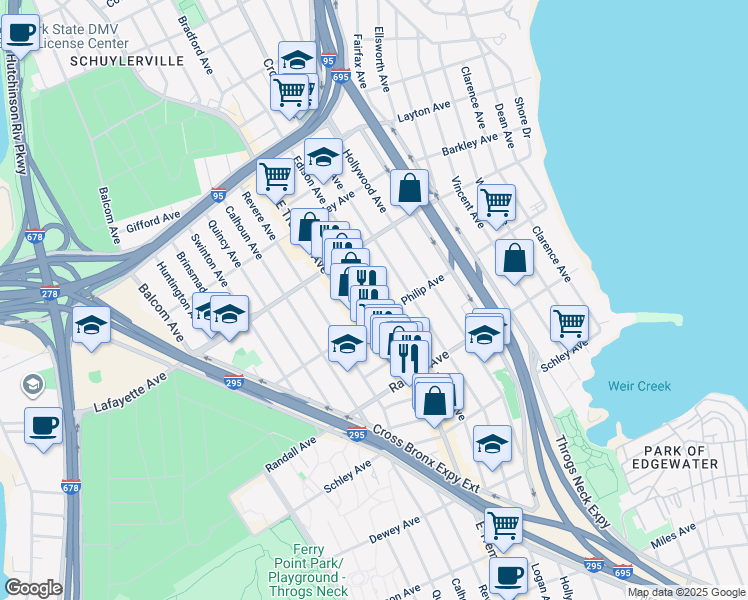 map of restaurants, bars, coffee shops, grocery stores, and more near 803 Edison Avenue in The Bronx