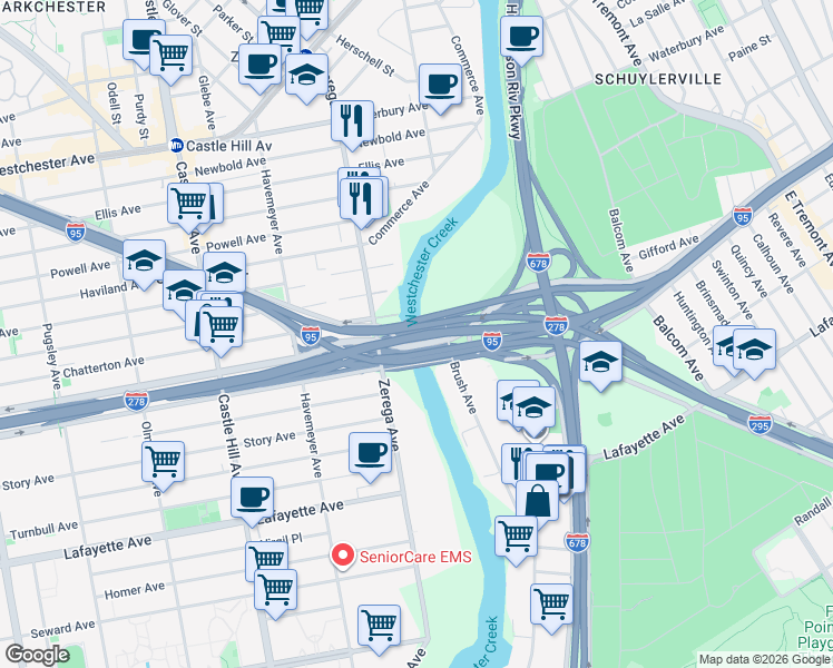 map of restaurants, bars, coffee shops, grocery stores, and more near Bruckner Boulevard in The Bronx