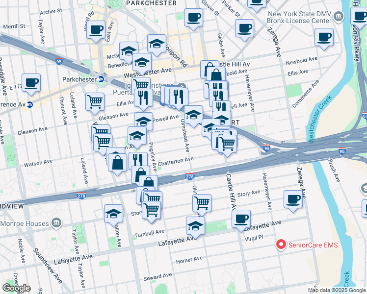 map of restaurants, bars, coffee shops, grocery stores, and more near 2070 Blackrock Avenue in Bronx