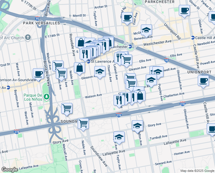 map of restaurants, bars, coffee shops, grocery stores, and more near 1118 Taylor Avenue in Bronx