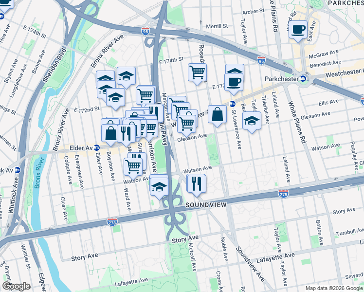 map of restaurants, bars, coffee shops, grocery stores, and more near 1140 Metcalf Avenue in Bronx