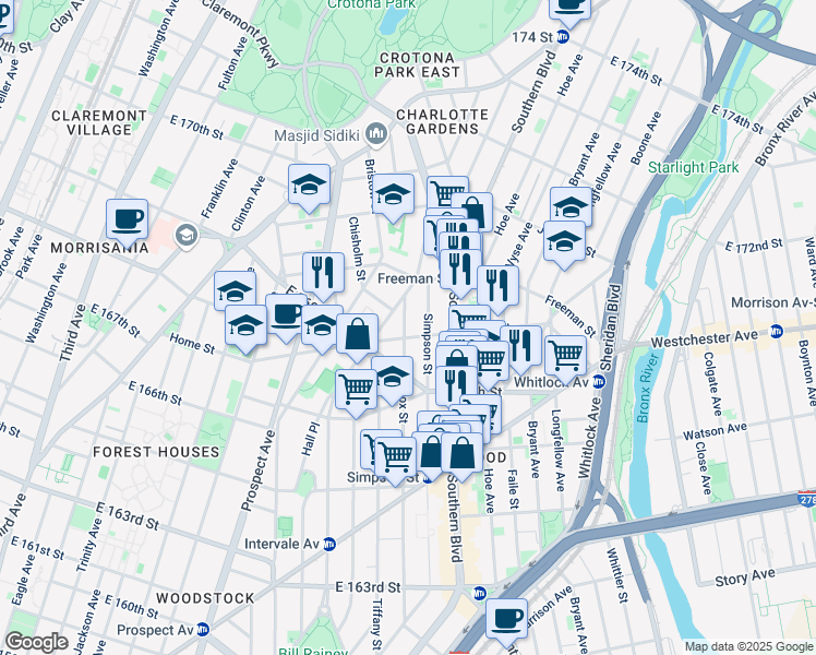 map of restaurants, bars, coffee shops, grocery stores, and more near 927 Home Street in Bronx