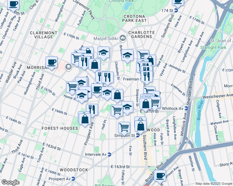 map of restaurants, bars, coffee shops, grocery stores, and more near 890 East 169th Street in Bronx