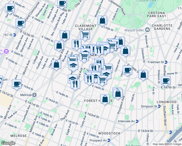 map of restaurants, bars, coffee shops, grocery stores, and more near 1142 Franklin Avenue in Bronx