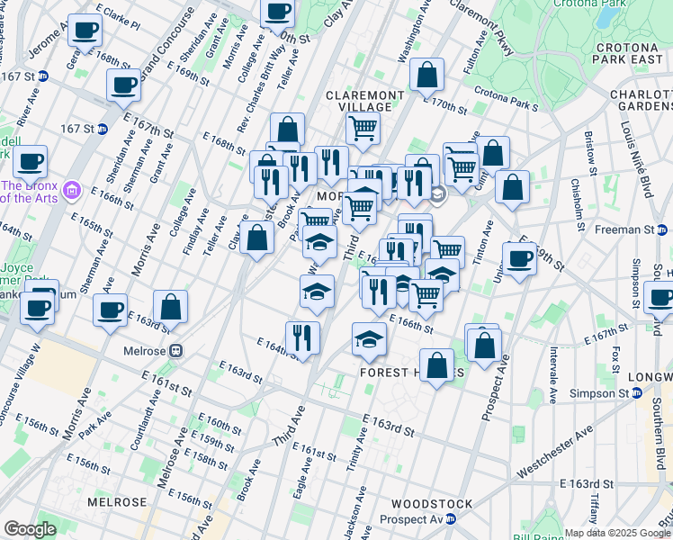 map of restaurants, bars, coffee shops, grocery stores, and more near 3416 Third Avenue in The Bronx
