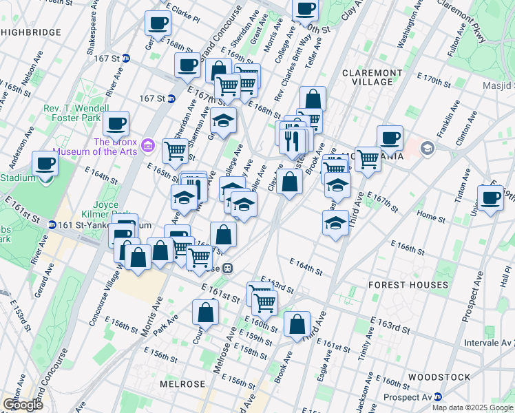 map of restaurants, bars, coffee shops, grocery stores, and more near 1048 Clay Avenue in Bronx