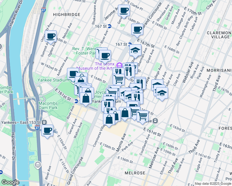 map of restaurants, bars, coffee shops, grocery stores, and more near in The Bronx