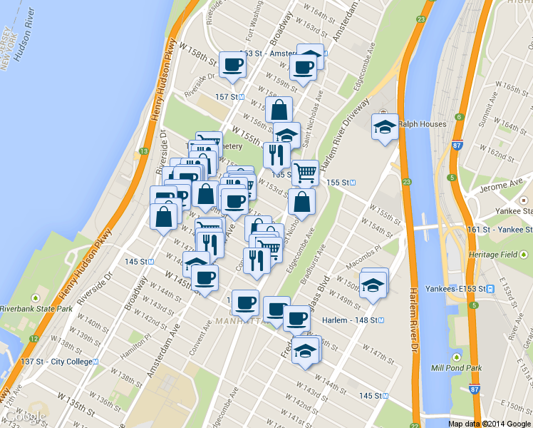 map of restaurants, bars, coffee shops, grocery stores, and more near in New York