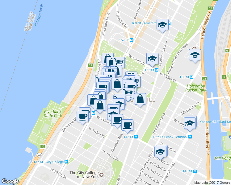 map of restaurants, bars, coffee shops, grocery stores, and more near 531 West 149th Street in New York