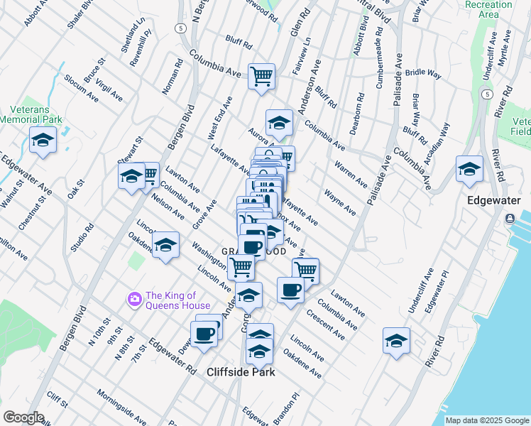 map of restaurants, bars, coffee shops, grocery stores, and more near in Cliffside Park