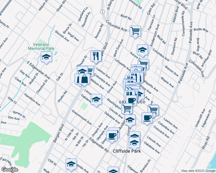 map of restaurants, bars, coffee shops, grocery stores, and more near 651 Grove Avenue in Cliffside Park