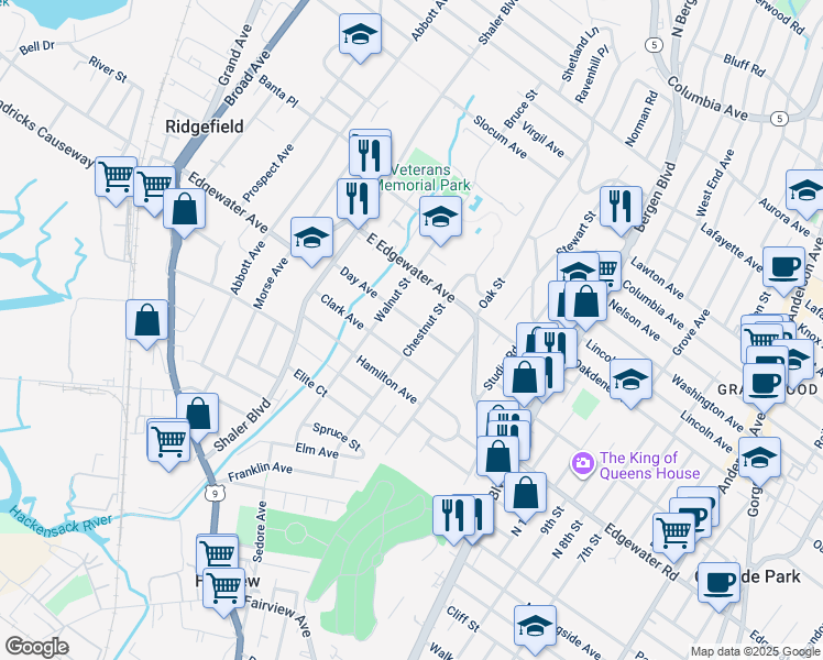 map of restaurants, bars, coffee shops, grocery stores, and more near 455 Chestnut Street in Ridgefield