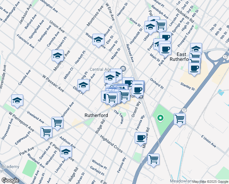 map of restaurants, bars, coffee shops, grocery stores, and more near 74 Kip Avenue in Rutherford
