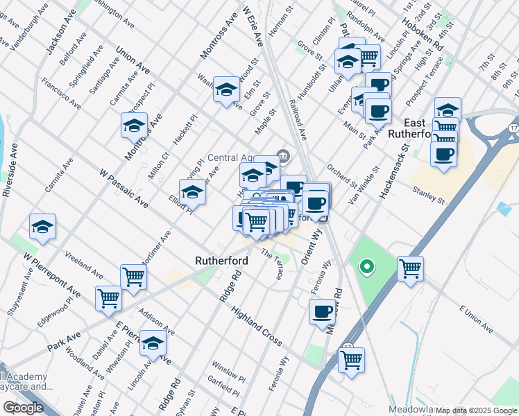 map of restaurants, bars, coffee shops, grocery stores, and more near 74 Kip Avenue in Rutherford