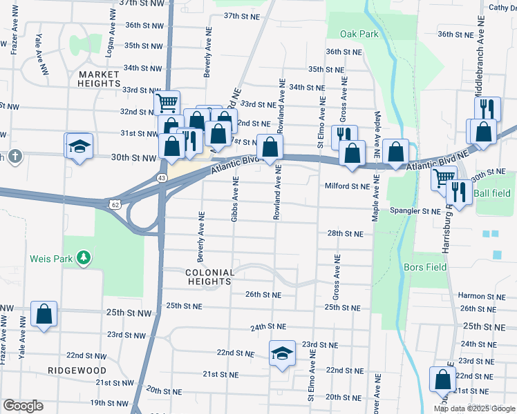 map of restaurants, bars, coffee shops, grocery stores, and more near 1215 29th Street Northeast in Canton