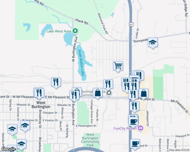 map of restaurants, bars, coffee shops, grocery stores, and more near 1819 Douglas Ave in West Burlington