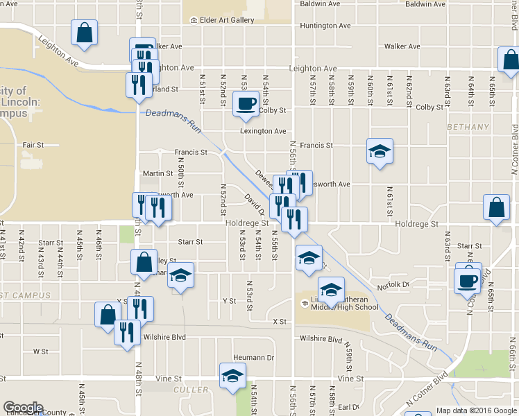 map of restaurants, bars, coffee shops, grocery stores, and more near 1515 David Drive in Lincoln