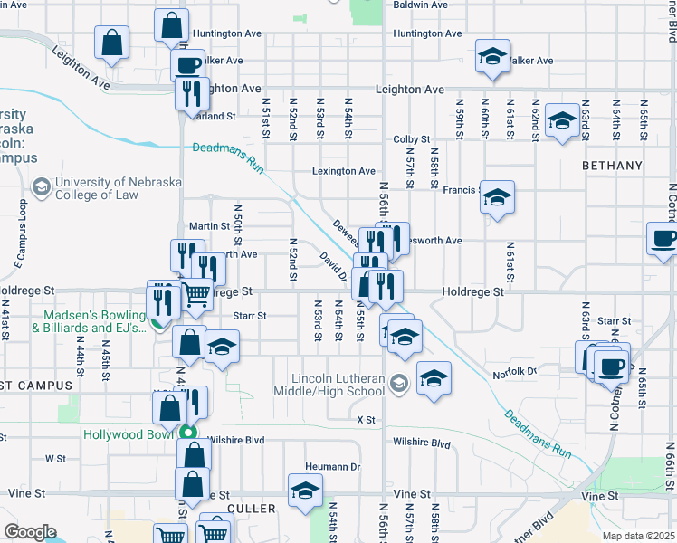 map of restaurants, bars, coffee shops, grocery stores, and more near 1515 David Drive in Lincoln