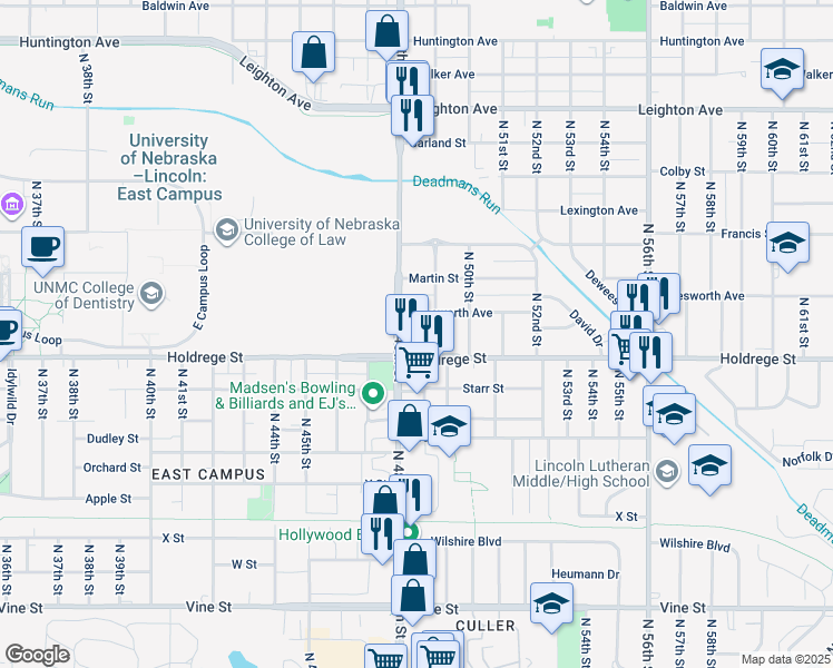 map of restaurants, bars, coffee shops, grocery stores, and more near 1535 North 49th Street in Lincoln