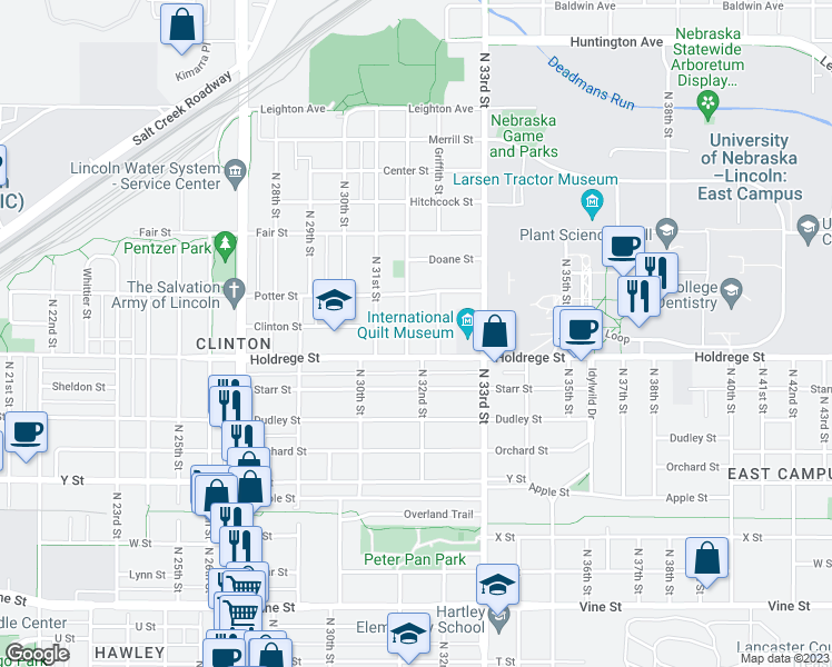 map of restaurants, bars, coffee shops, grocery stores, and more near 1533 Grace Street in Lincoln