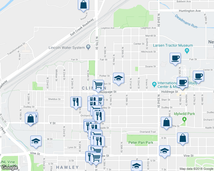 map of restaurants, bars, coffee shops, grocery stores, and more near 1526 North 28th Street in Lincoln