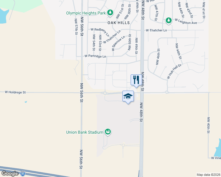 map of restaurants, bars, coffee shops, grocery stores, and more near 1540 Northwest 52nd Street in Lincoln