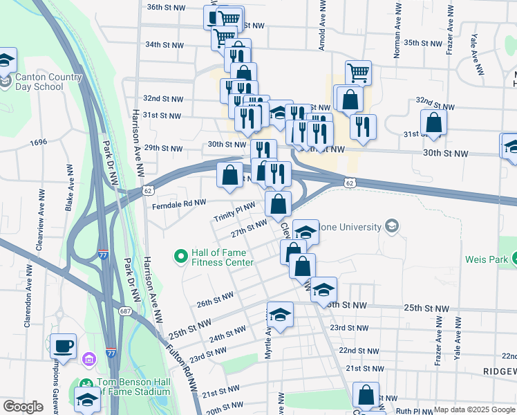 map of restaurants, bars, coffee shops, grocery stores, and more near 2709 Shorb Avenue Northwest in Canton