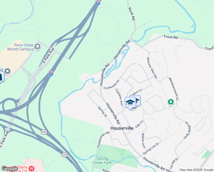 map of restaurants, bars, coffee shops, grocery stores, and more near 109 Creekside Drive in State College