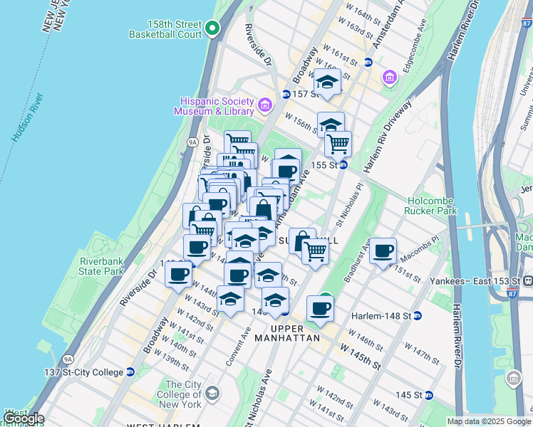 map of restaurants, bars, coffee shops, grocery stores, and more near 512 West 150th Street in New York
