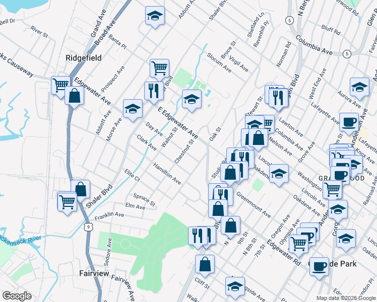 map of restaurants, bars, coffee shops, grocery stores, and more near 651 Day Avenue in Ridgefield