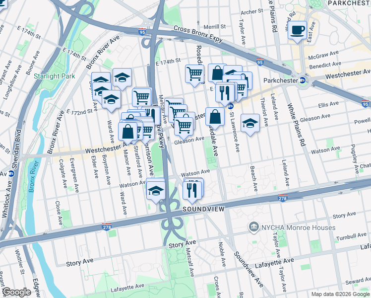 map of restaurants, bars, coffee shops, grocery stores, and more near 1143 Croes Avenue in Bronx