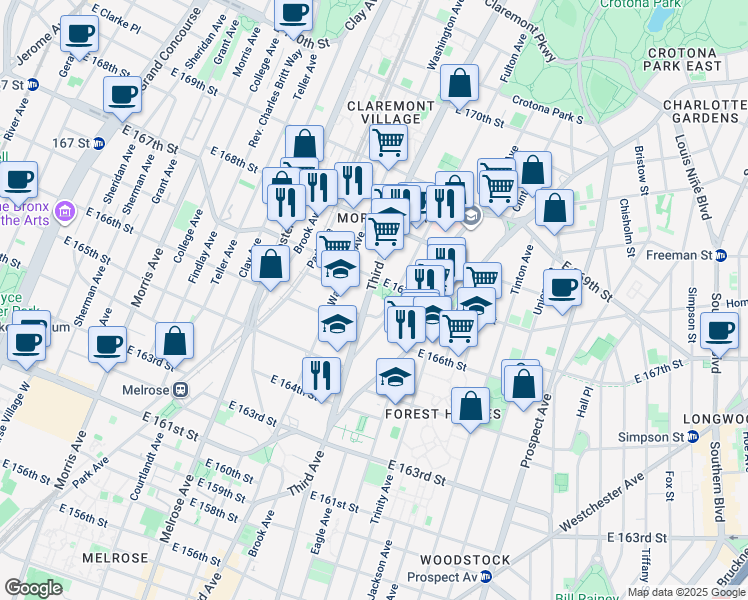 map of restaurants, bars, coffee shops, grocery stores, and more near 3416 Third Avenue in The Bronx