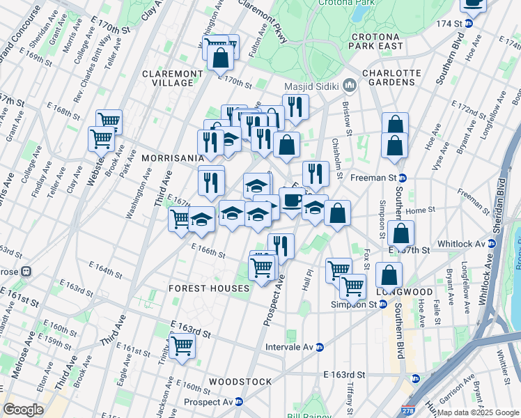 map of restaurants, bars, coffee shops, grocery stores, and more near 1180 Tinton Avenue in Bronx