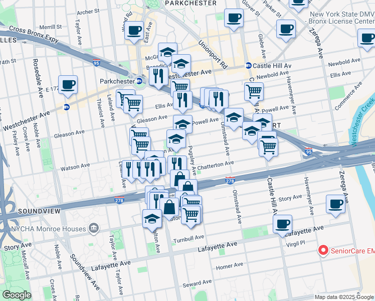 map of restaurants, bars, coffee shops, grocery stores, and more near 1075 Pugsley Ave in Bronx